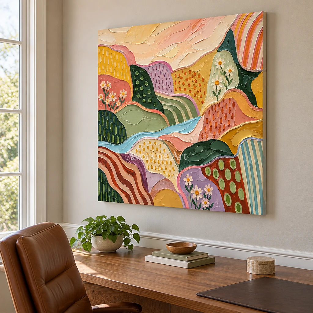Amber Reverberation patterned field wall art as a frameless stretched canvas in a home office