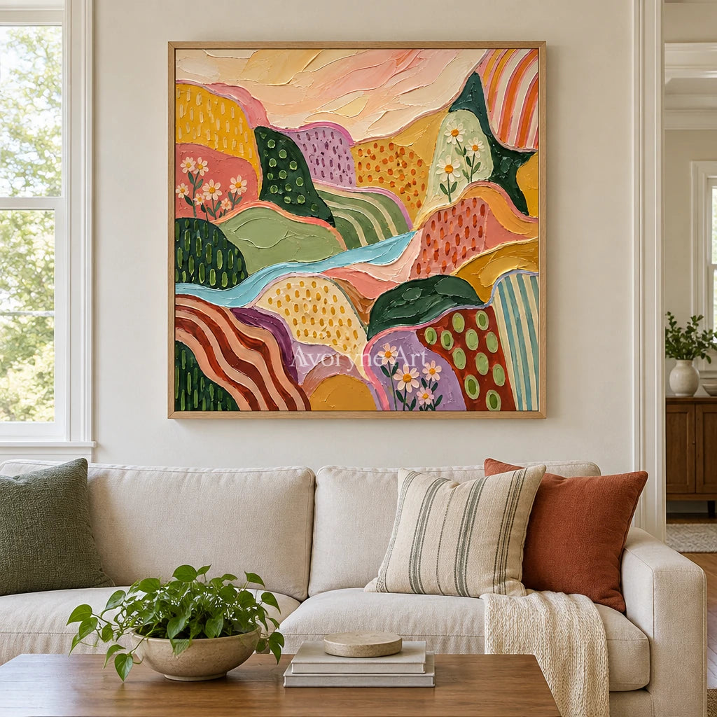 Amber Reverberation patterned field wall art with a wood frame in a villa living space