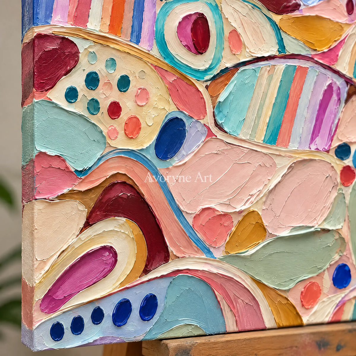 Close-up of the hand-painted texture of Soft Cadence patterned field wall art on an easel