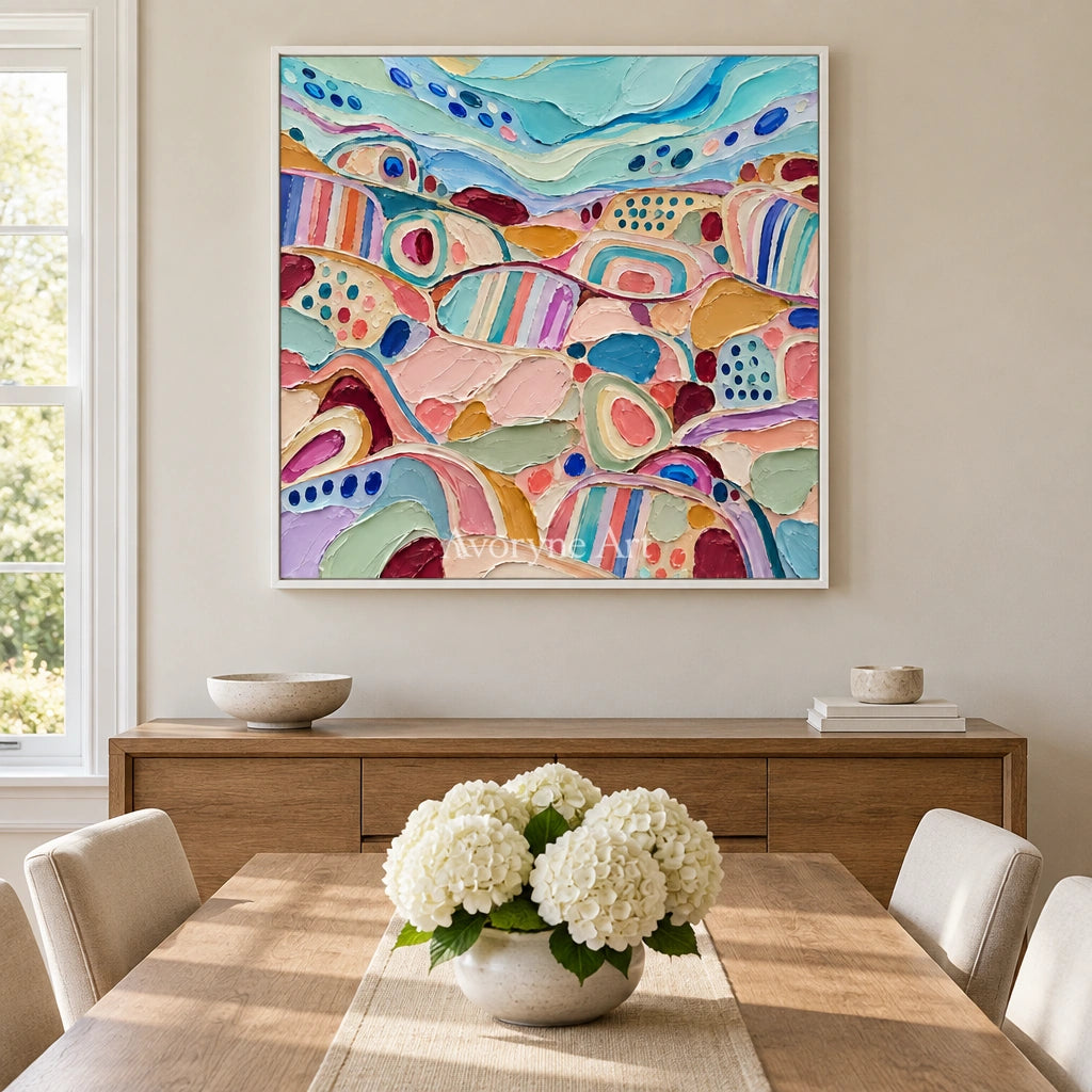 Soft Cadence patterned field wall art with a white frame in a dining room