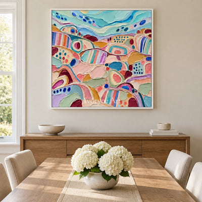 Soft Cadence patterned field wall art with a white frame in a dining room