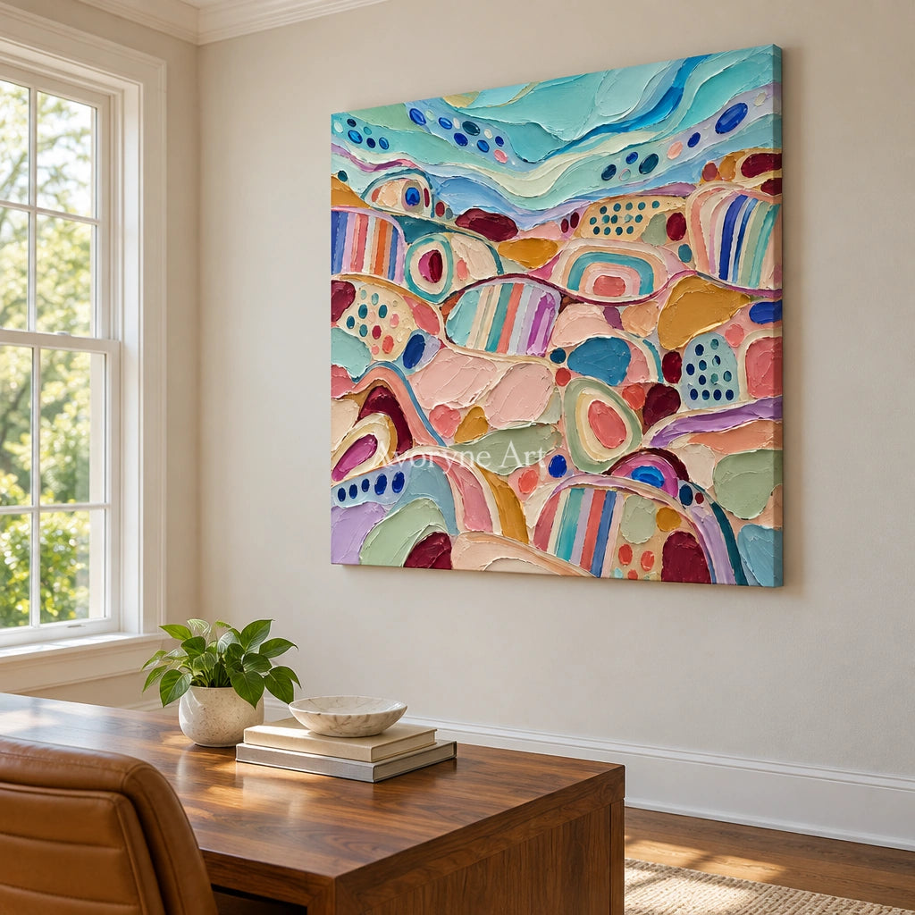Soft Cadence patterned field wall art as a frameless stretched canvas in a home office