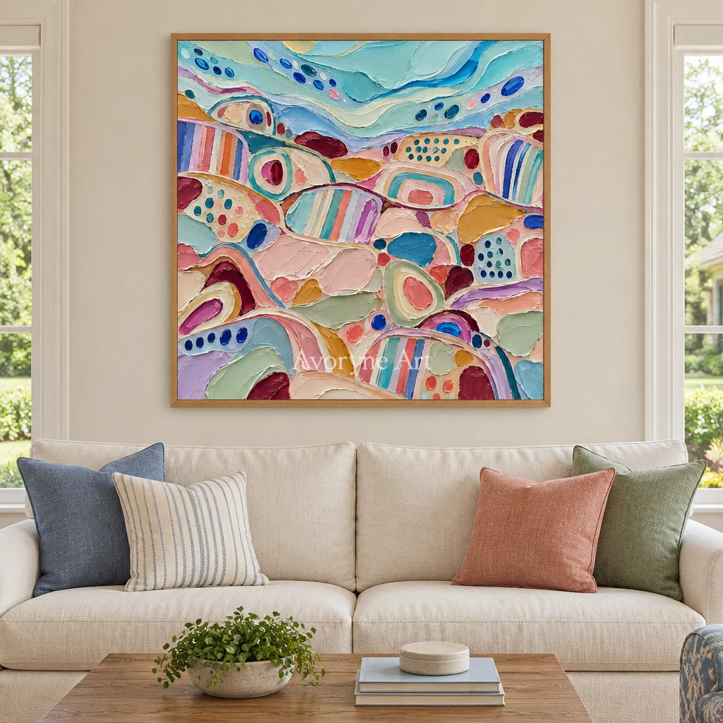 Soft Cadence patterned field wall art with a wood frame in a villa living space