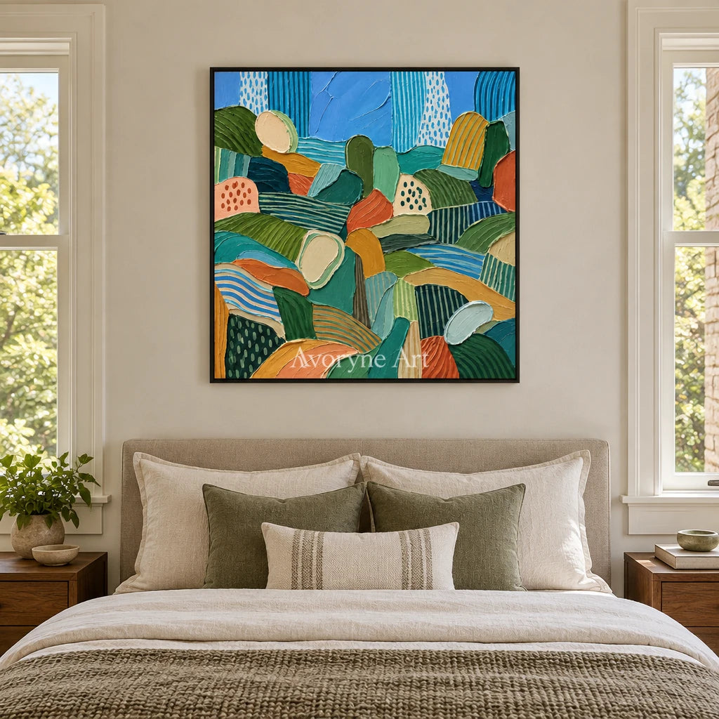 Soft Reverie patterned field wall art with a black frame above a bed in a bedroom
