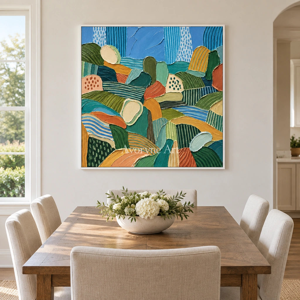 Soft Reverie patterned field wall art with a white frame in a dining room