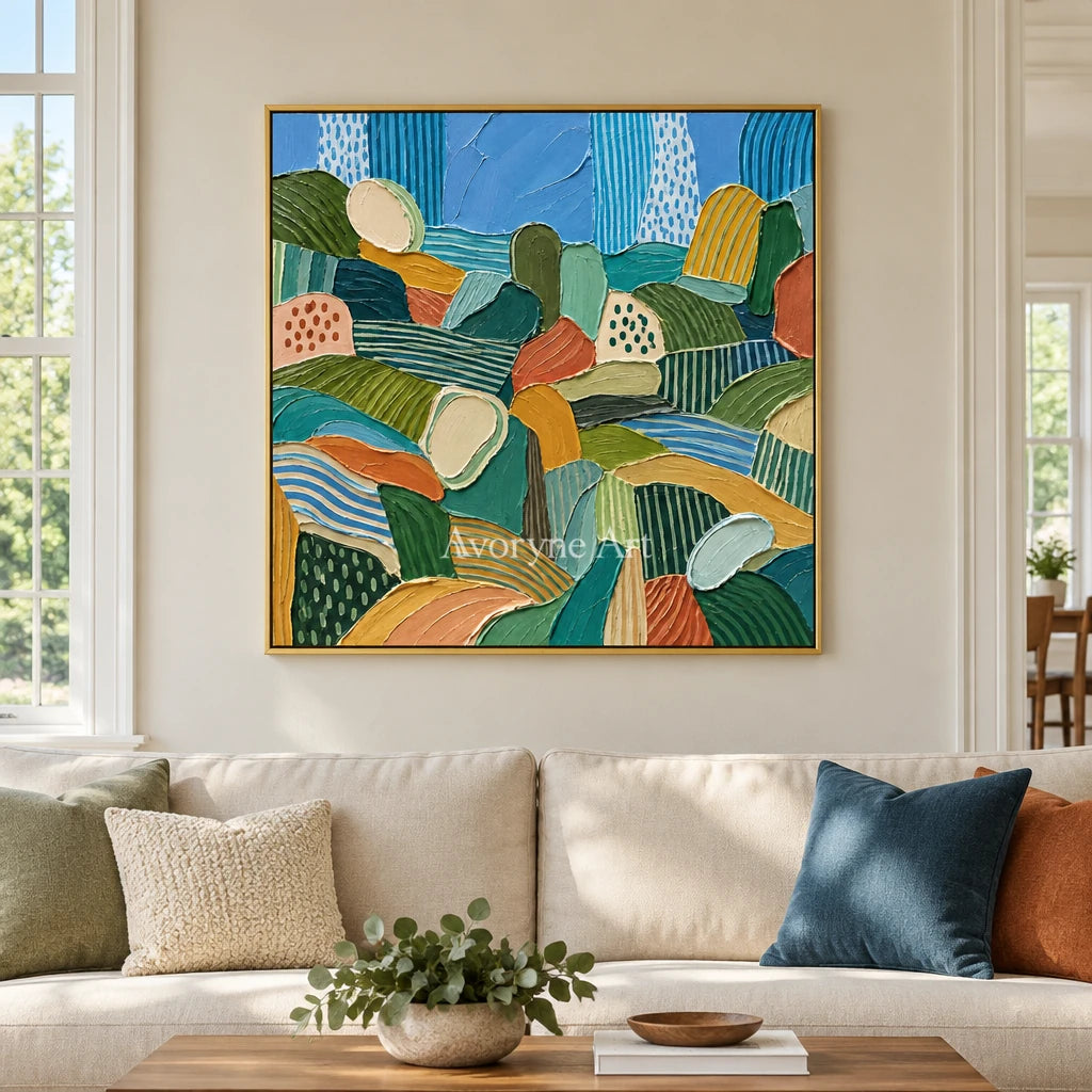 Soft Reverie patterned field wall art with a gold frame hanging in a living room