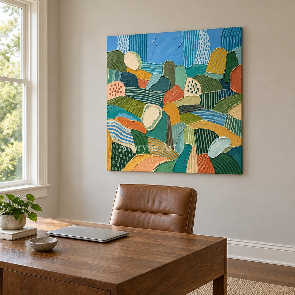 Soft Reverie patterned field wall art as a frameless stretched canvas in a home office