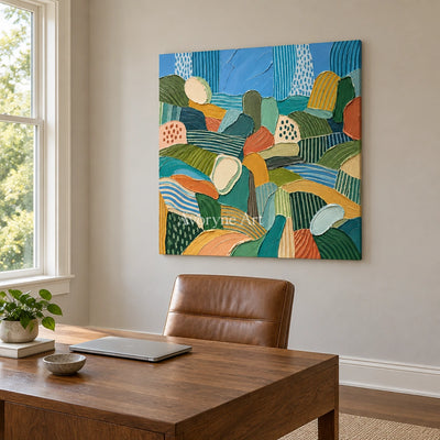 Soft Reverie patterned field wall art as a frameless stretched canvas in a home office