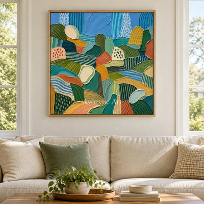 Soft Reverie patterned field wall art with a wood frame in a villa living space