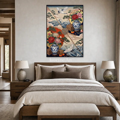 Porcelain Flight: Peony Vase and Crane Decorative Wall Art — bedroom black