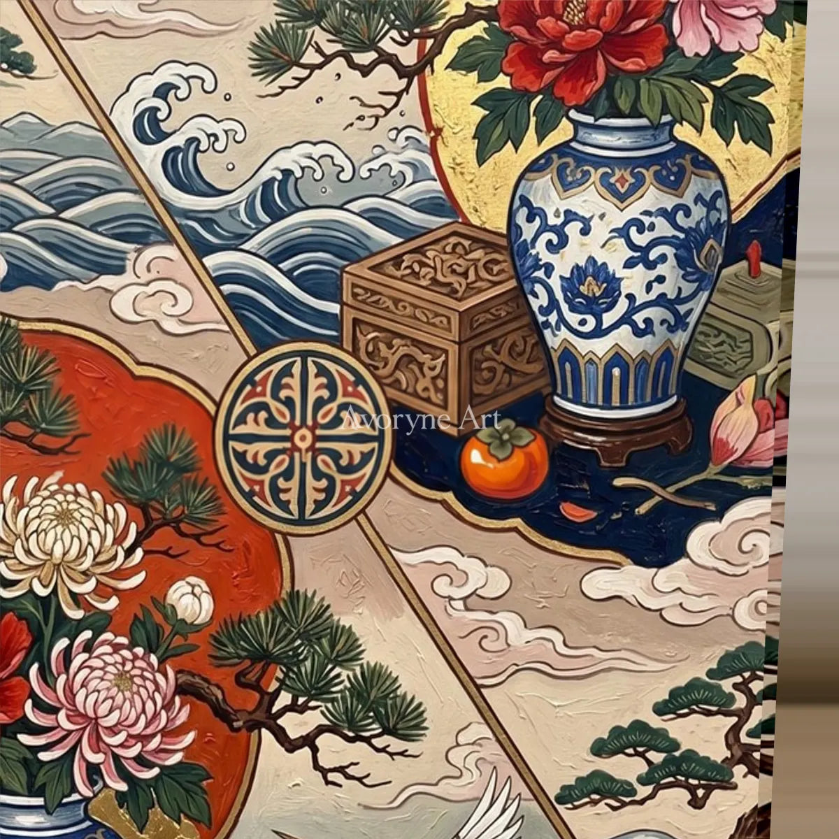 Porcelain Flight: Peony Vase and Crane Decorative Wall Art — detail easel