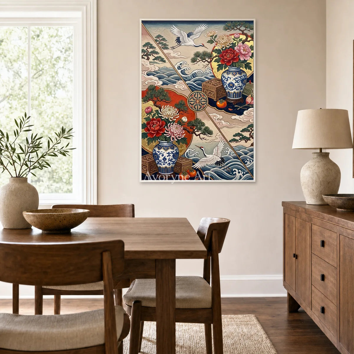 Porcelain Flight: Peony Vase and Crane Decorative Wall Art — dining white