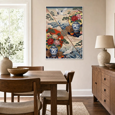 Porcelain Flight: Peony Vase and Crane Decorative Wall Art — dining white