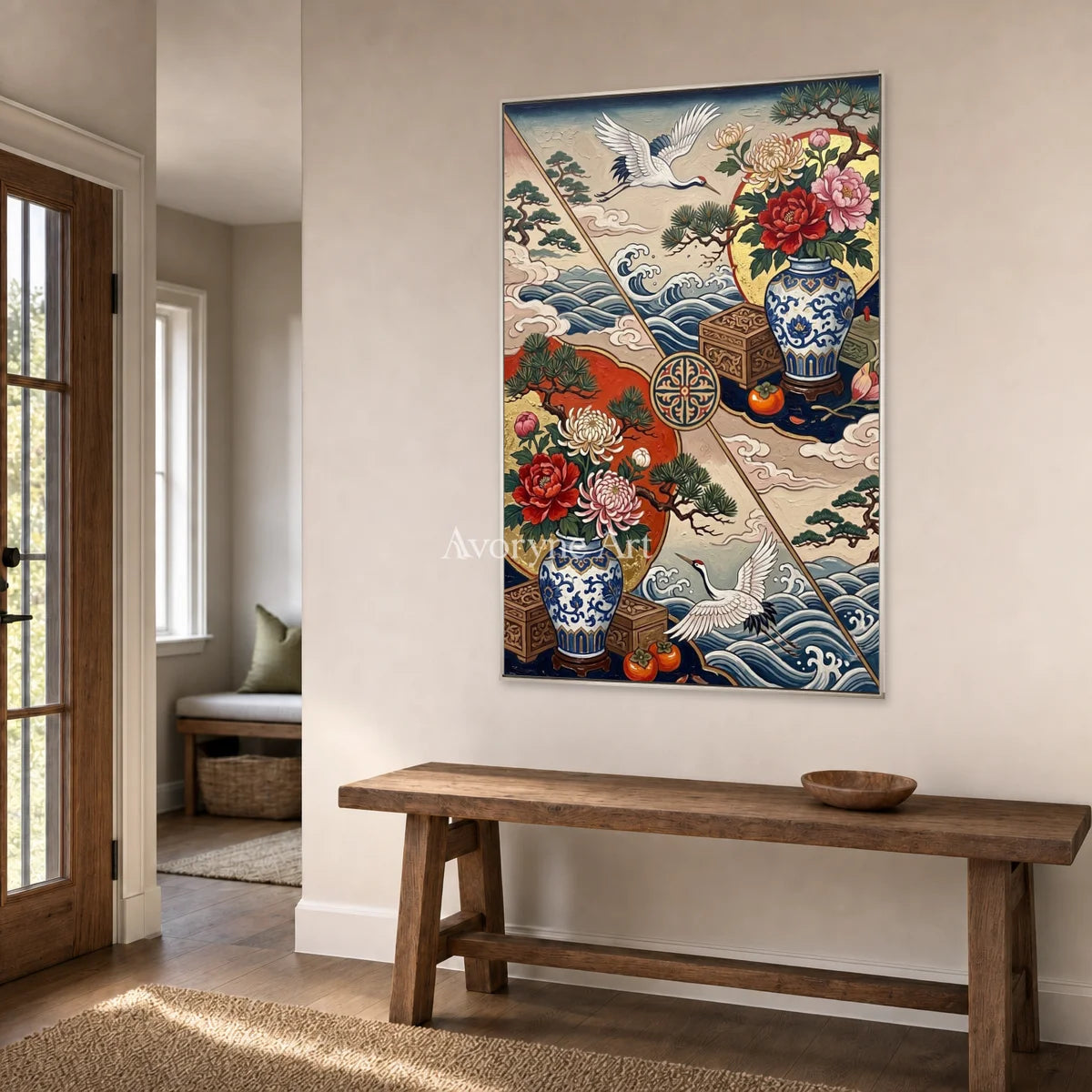 Porcelain Flight: Peony Vase and Crane Decorative Wall Art — entry silver