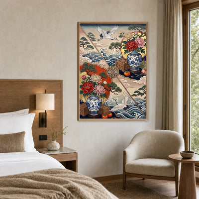 Porcelain Flight: Peony Vase and Crane Decorative Wall Art — hotel wood