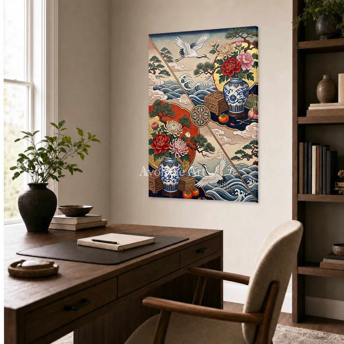 Porcelain Flight: Peony Vase and Crane Decorative Wall Art — office frameless
