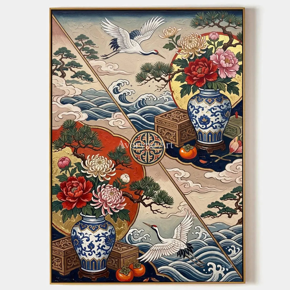 Porcelain Flight: Peony Vase and Crane Decorative Wall Art — primary
