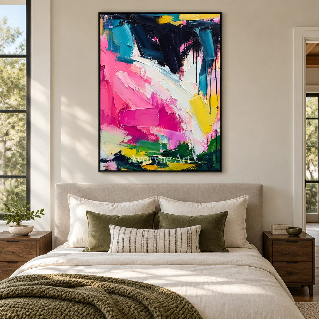 Pink Crescendo: Pink and Blue Abstract Wall Art — bedroom black