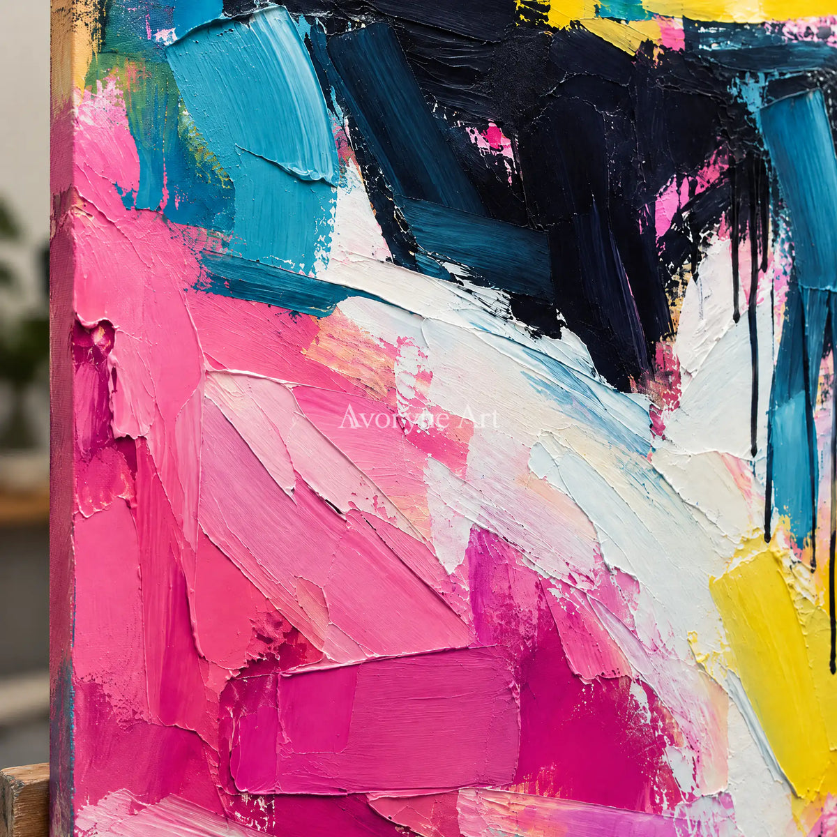 Pink Crescendo: Pink and Blue Abstract Wall Art — detail easel