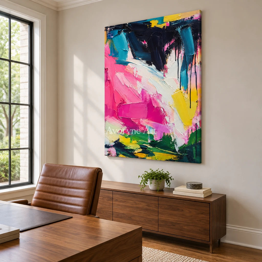 Pink Crescendo: Pink and Blue Abstract Wall Art — office frameless
