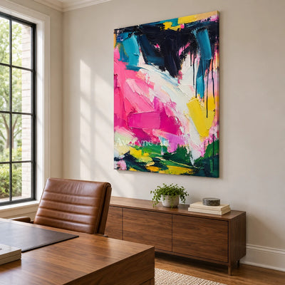 Pink Crescendo: Pink and Blue Abstract Wall Art — office frameless