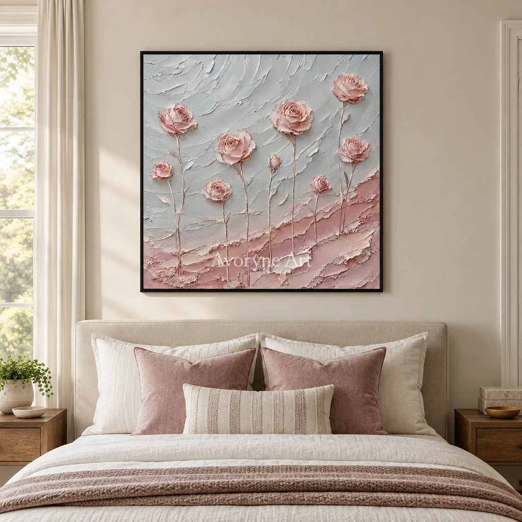Petal Whispers: Pink Rose Textured Wall Art Wall Art — bedroom black