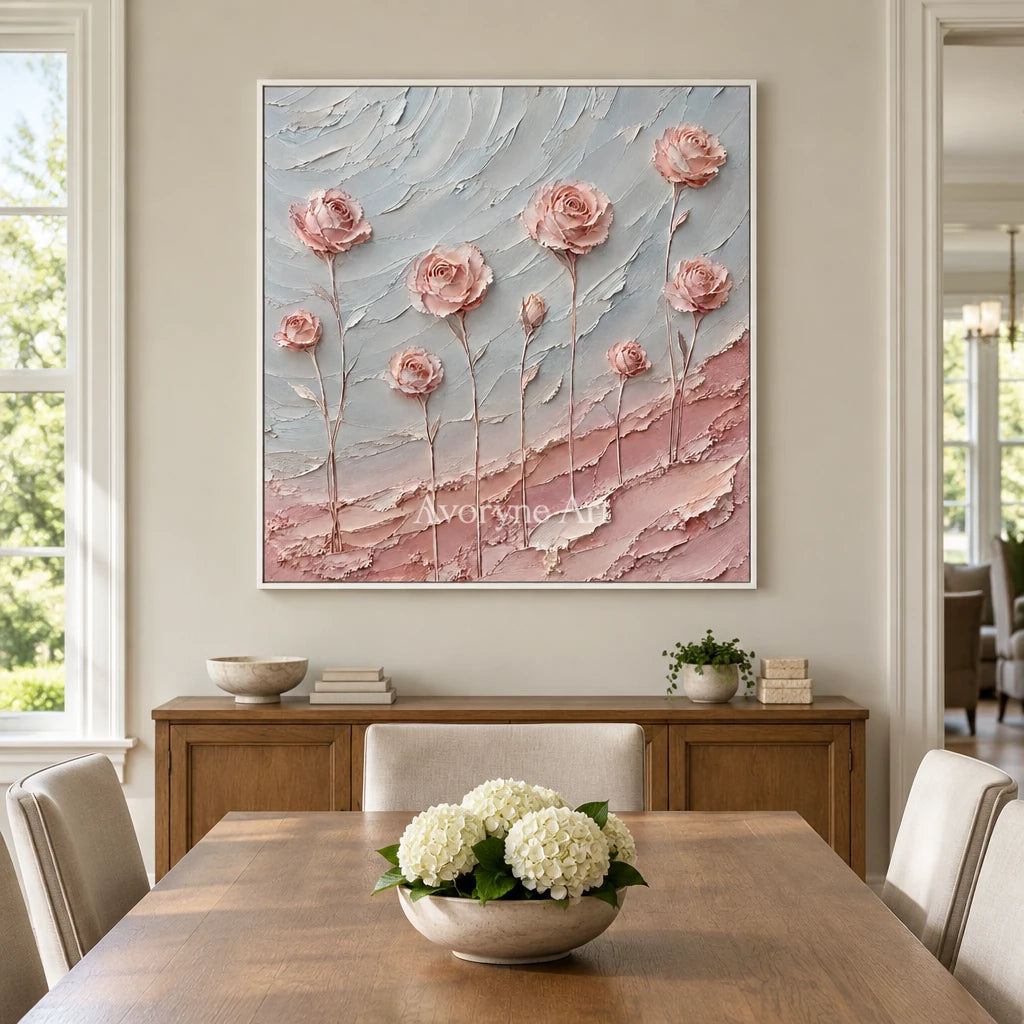 Petal Whispers: Pink Rose Textured Wall Art Wall Art — dining white