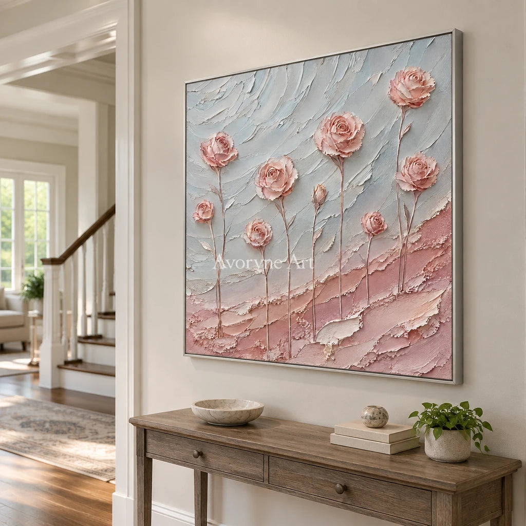 Petal Whispers: Pink Rose Textured Wall Art Wall Art — entry silver