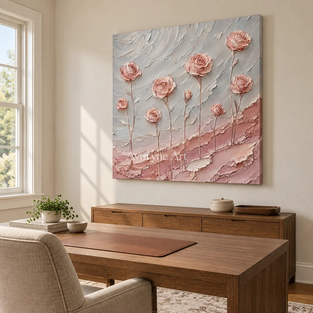 Petal Whispers: Pink Rose Textured Wall Art Wall Art — office frameless