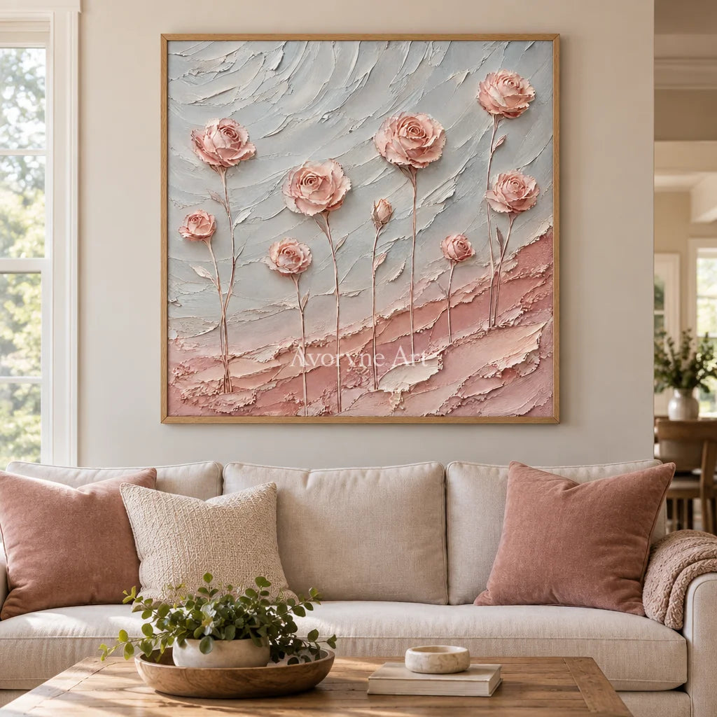 Petal Whispers: Pink Rose Textured Wall Art Wall Art — villa wood