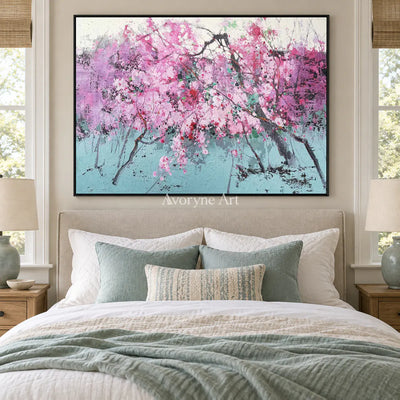 Pink Branch Rhapsody: Pink Textured Blossom Branch Wall Art — bedroom black