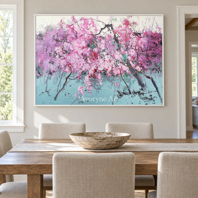 Pink Branch Rhapsody: Pink Textured Blossom Branch Wall Art — dining white