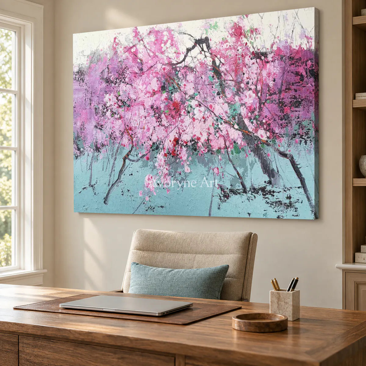 Pink Branch Rhapsody: Pink Textured Blossom Branch Wall Art — office frameless