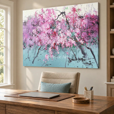 Pink Branch Rhapsody: Pink Textured Blossom Branch Wall Art — office frameless