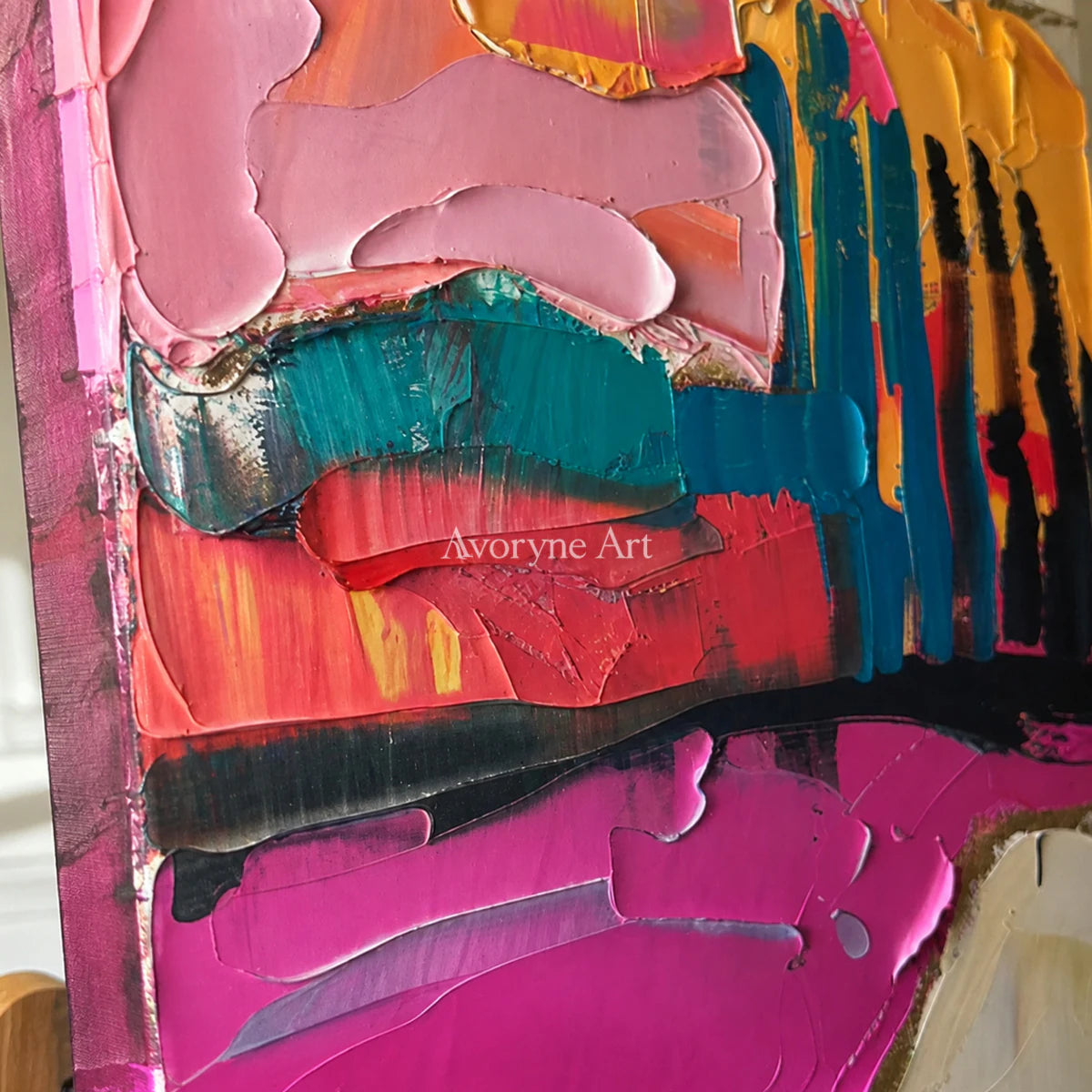 Rose Momentum: Pink Textured Colorful Abstract Wall Art — detail easel