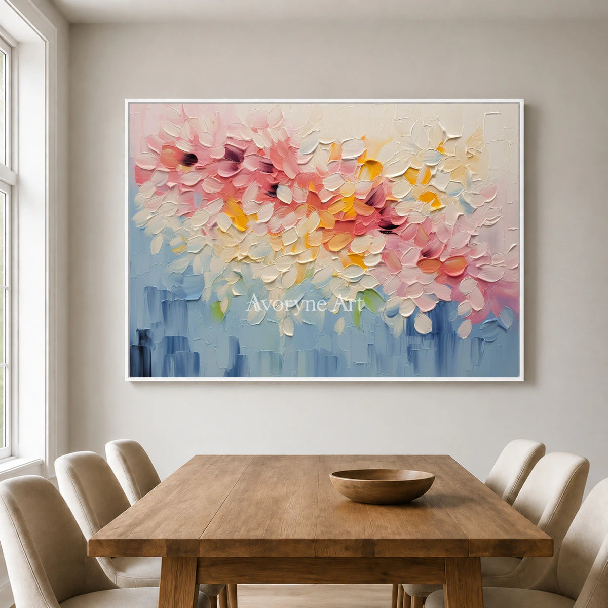 Blossom Tides: Pink Textured Floral Wall Art — dining white