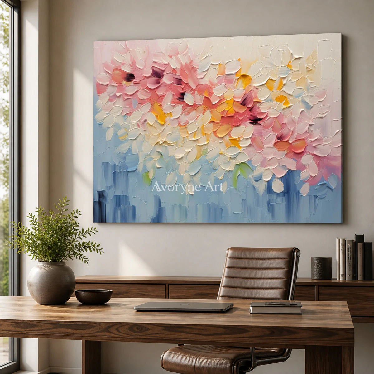 Blossom Tides: Pink Textured Floral Wall Art — office frameless