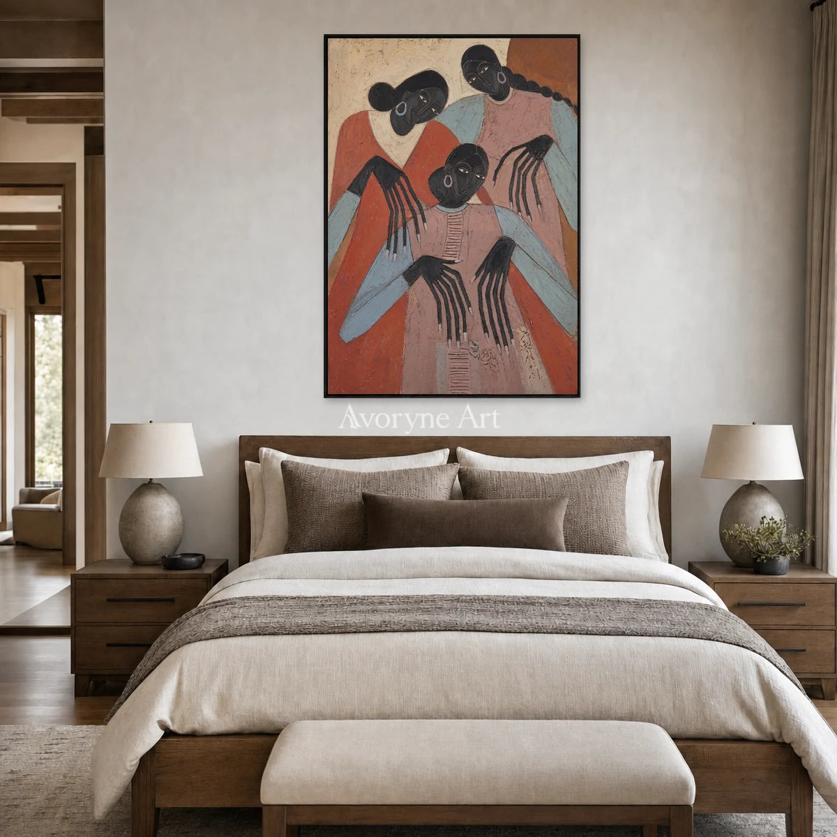 Sisters in Terracotta: Pink Three Women Figurative Wall Art — bedroom black
