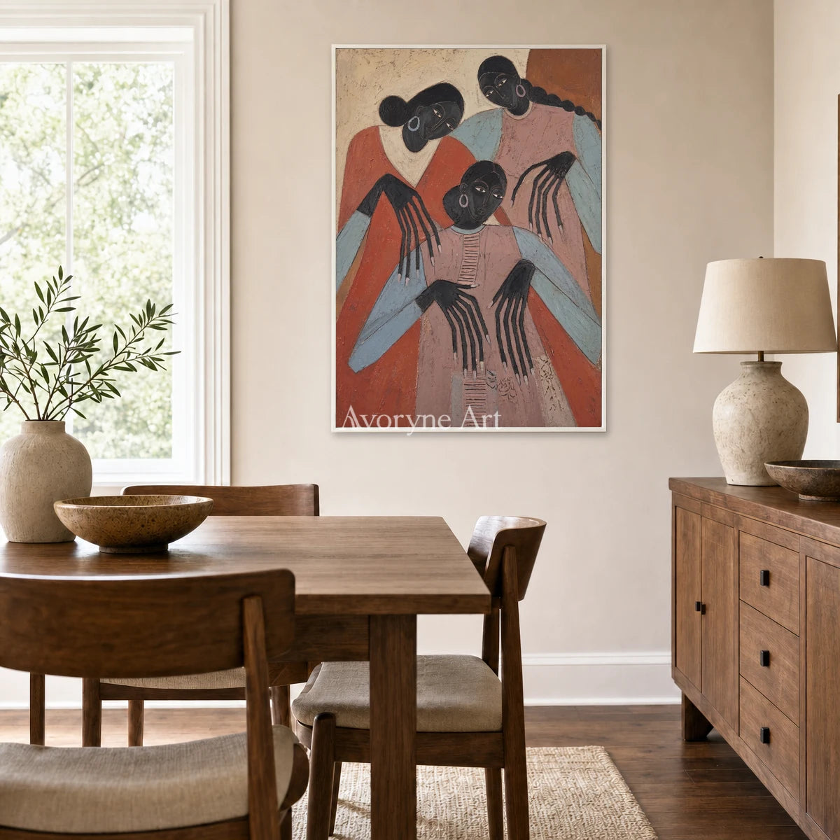 Sisters in Terracotta: Pink Three Women Figurative Wall Art — dining white
