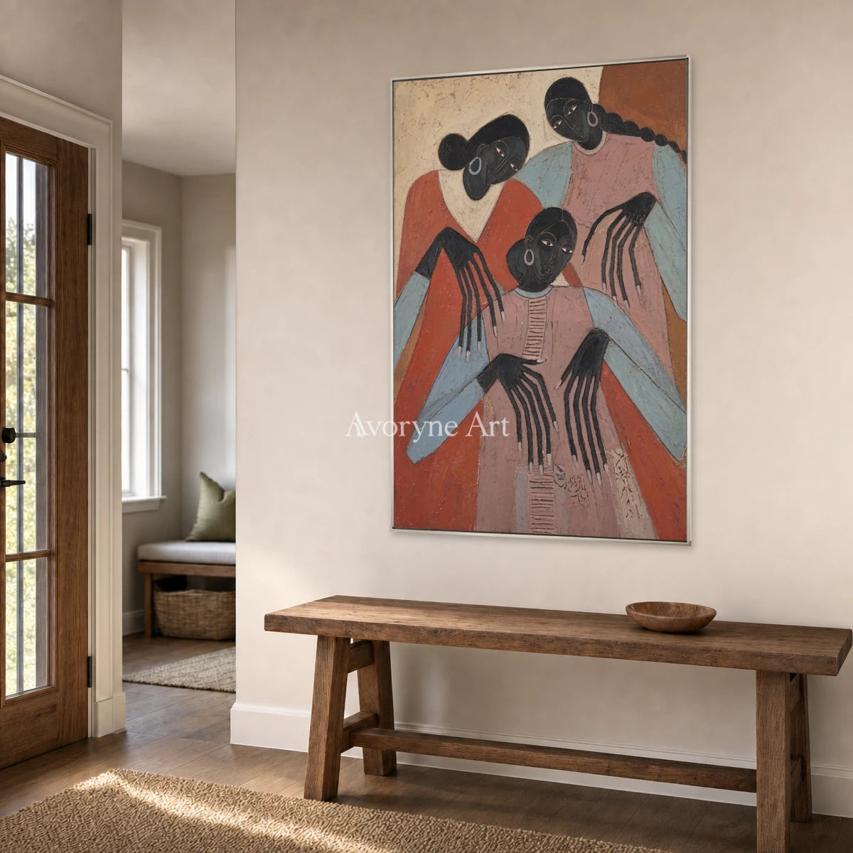 Sisters in Terracotta: Pink Three Women Figurative Wall Art — entry silver