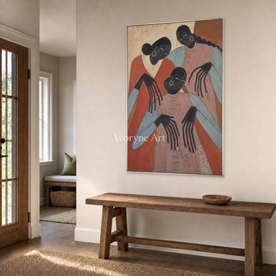 Sisters in Terracotta: Pink Three Women Figurative Wall Art — entry silver