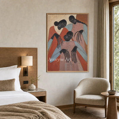 Sisters in Terracotta: Pink Three Women Figurative Wall Art — hotel wood