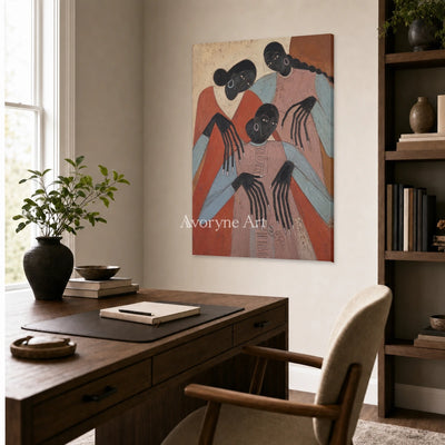 Sisters in Terracotta: Pink Three Women Figurative Wall Art — office frameless