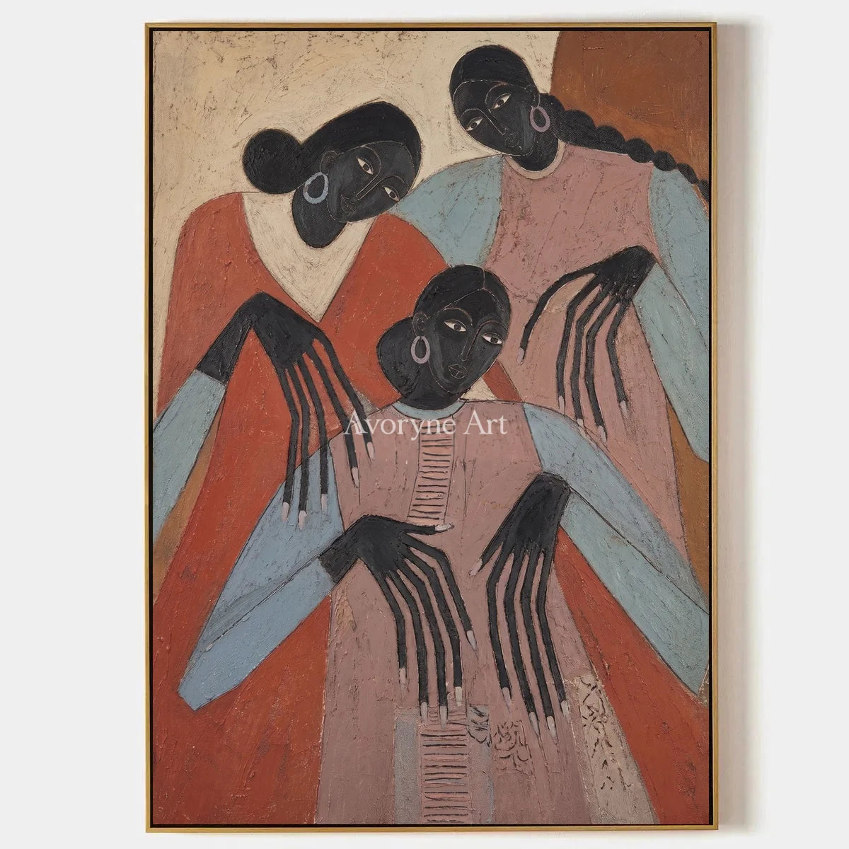 Sisters in Terracotta: Pink Three Women Figurative Wall Art — primary
