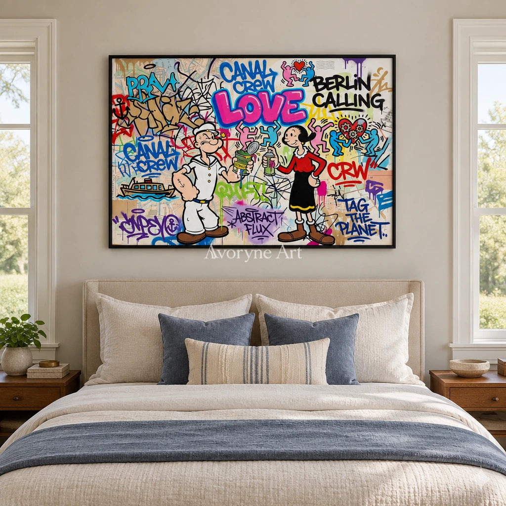 Soft Vista playful character wall art with a black frame above a bed in a bedroom
