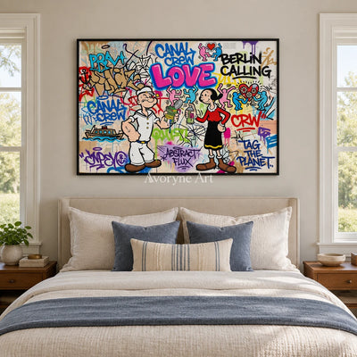 Soft Vista playful character wall art with a black frame above a bed in a bedroom