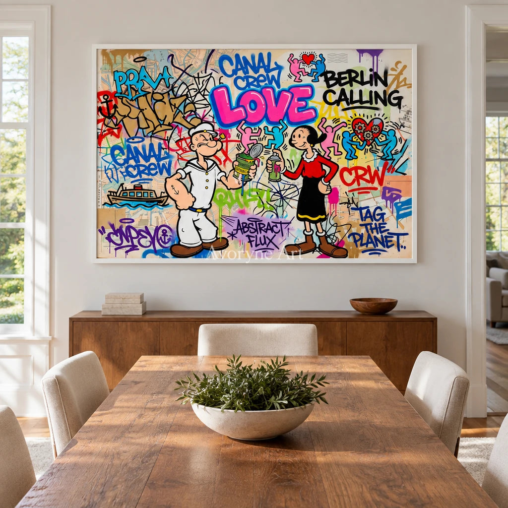 Soft Vista playful character wall art with a white frame in a dining room
