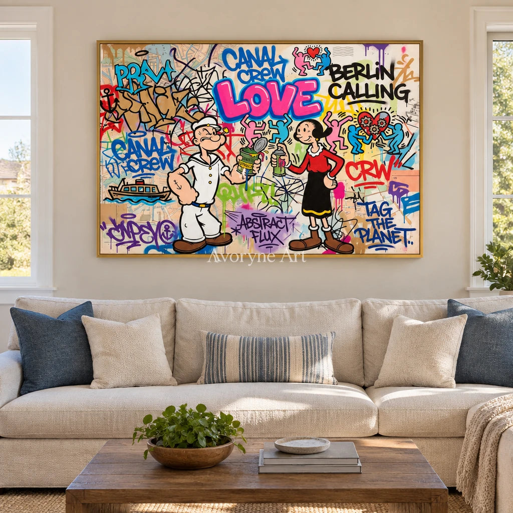 Soft Vista playful character wall art with a gold frame hanging in a living room