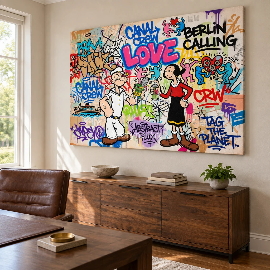 Soft Vista playful character wall art as a frameless stretched canvas in a home office