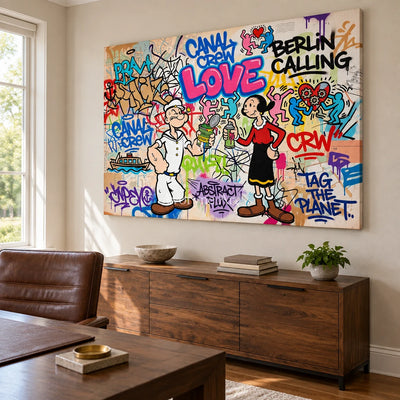 Soft Vista playful character wall art as a frameless stretched canvas in a home office